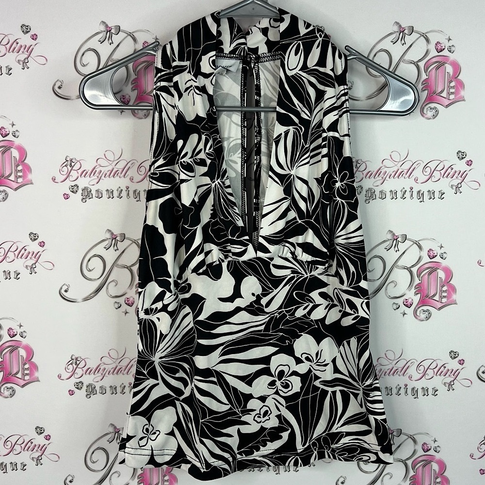 Ricki's tank top Vneck floral flowers y2k Monochrome Floral Halter Top sexy